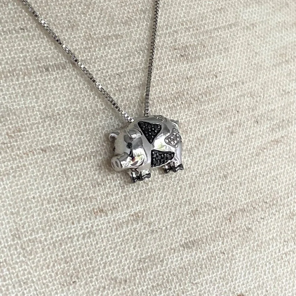 Sterling Silver 925 Black & White Diamond Pig Piggy Piglet Pendant Necklace 18